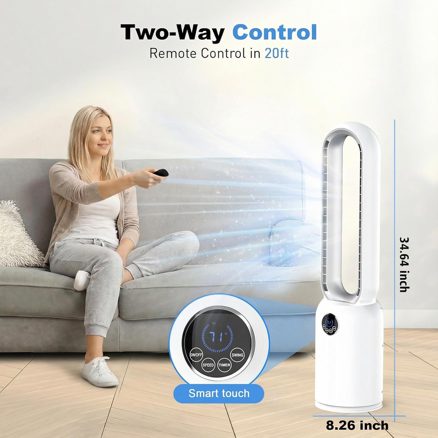 Bladeless Tower Fan for Bedroom, Powerful 26ft/s Airflow, 24 Speeds, 90° Oscillation, 12H Timer, Standing Fans with Remote, Quiet Bladeless Cooling Fan for Home Office Room, White Silver