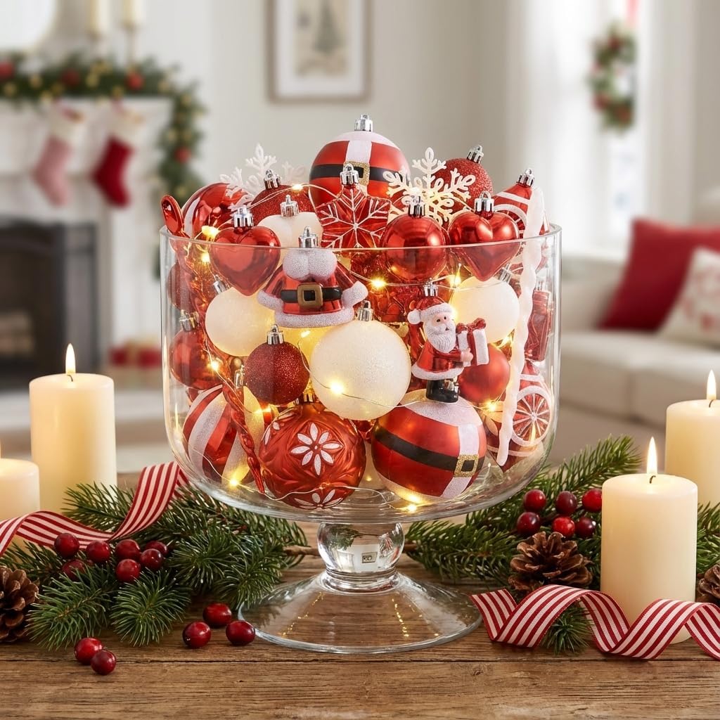 Valery Madelyn Christmas Ornaments Set, 70ct Red and White Shatterproof Christmas Tree Decorations Set, Variety Traditional Red and Silver Decorative Hanging Ball Ornaments Bulk for Xmas Holiday Decor