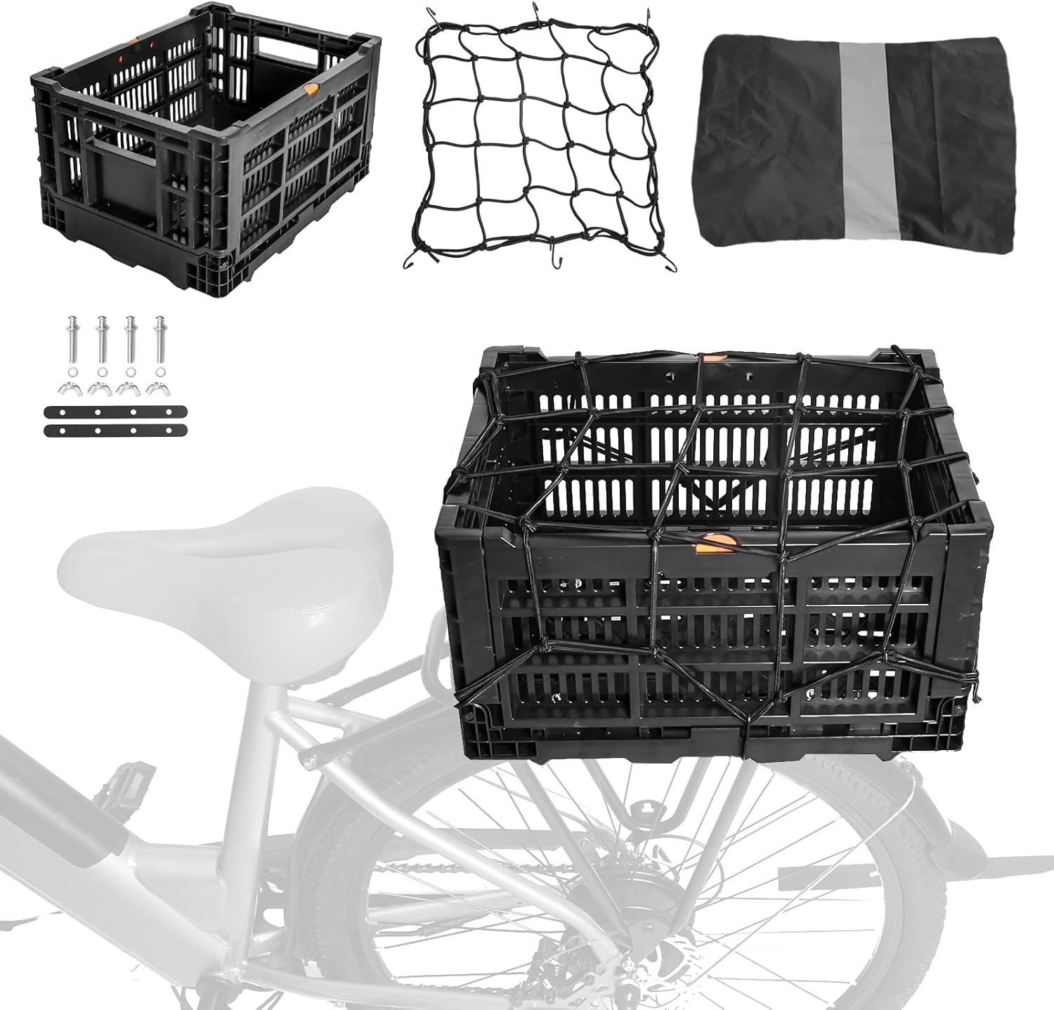 Rear Bike Basket, Foldable Bicycle Cargo Rack Storage Basket, Universal Bike and Electric Bike