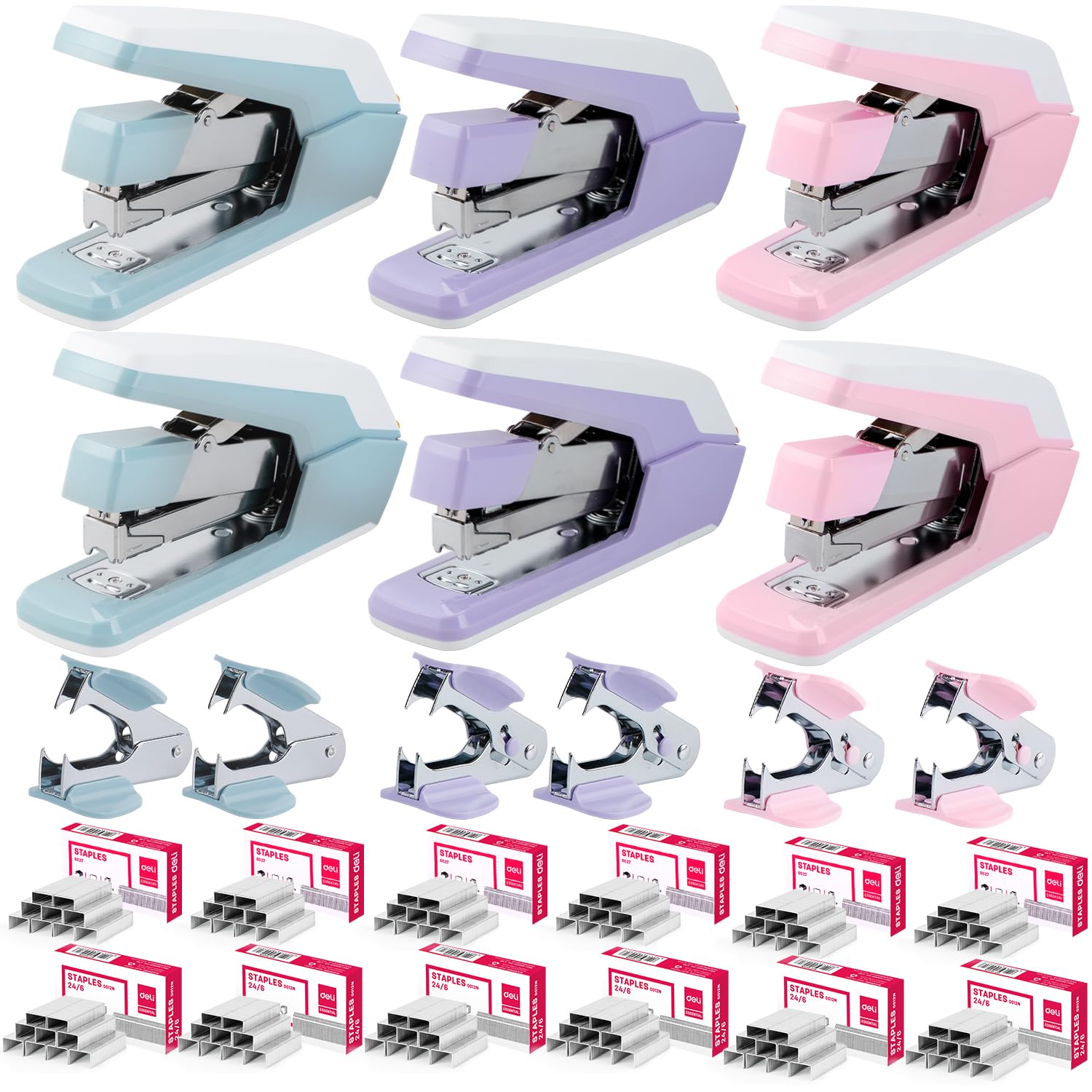 Deli Stapler, Effortless Staplers for Desk, 40-50 Sheet Capacity Heavy Duty, One Touch, No Effort, Easy to Load, with 1500 Staples & Staple Remover, 6