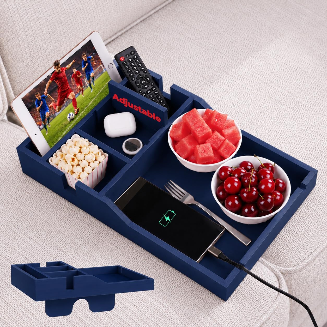 Couch Tray Insert with Adjustable Cup Holder, 2-in-1 Bamboo Sofa Tray Insert with Cup Holders, Bamboo Couch Table Fits Seat Gaps or Ottomans,for Drinks,Snacks, Remotes (Black)