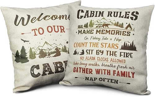 Juego de 2 fundas de almohada decorativas retro con reglas de cabaña para sofá del hogar, 18 x 18 pulgadas