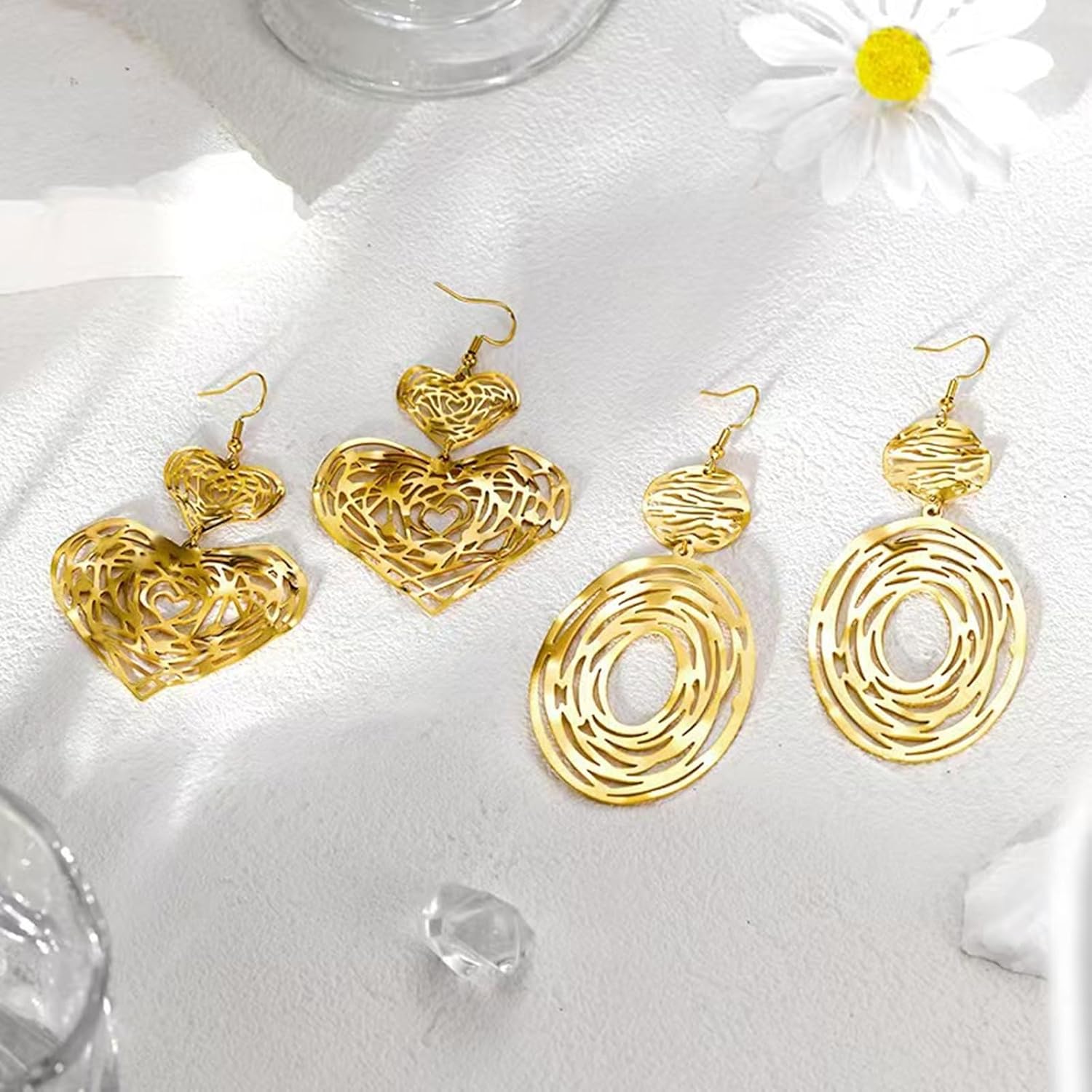 Large Gold Earrings, Big Earrings for Women, Long Dangling Bohemian Earrings, Gold Drop Earrings, Handmade Trendy Geometric Fish Hook Statement Earrings - Image 5