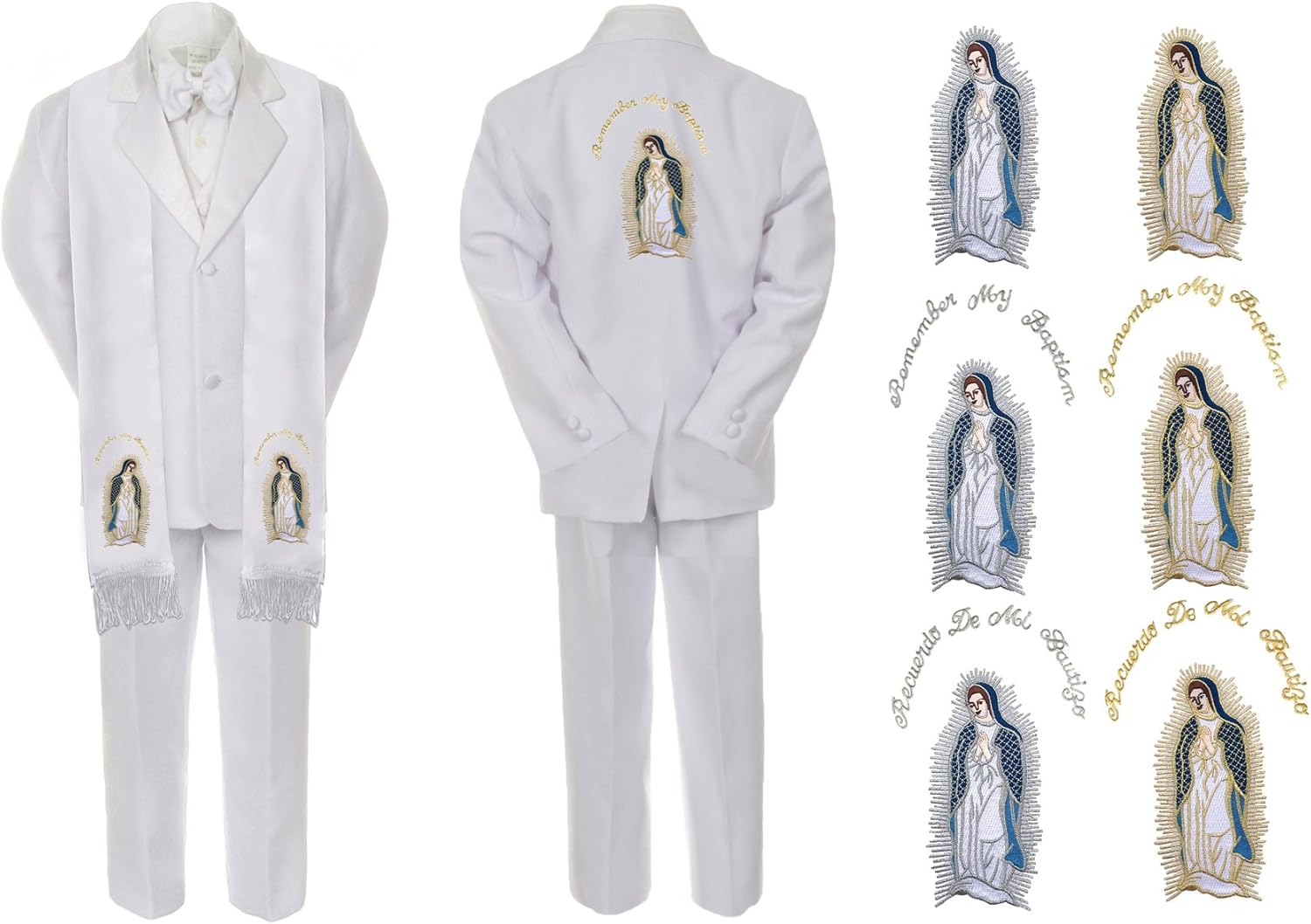 New Born Baby Boy Christening Baptism White Suit Mary Maria On Stole Back Sm-7 (5, Full Color Gold Spanish)