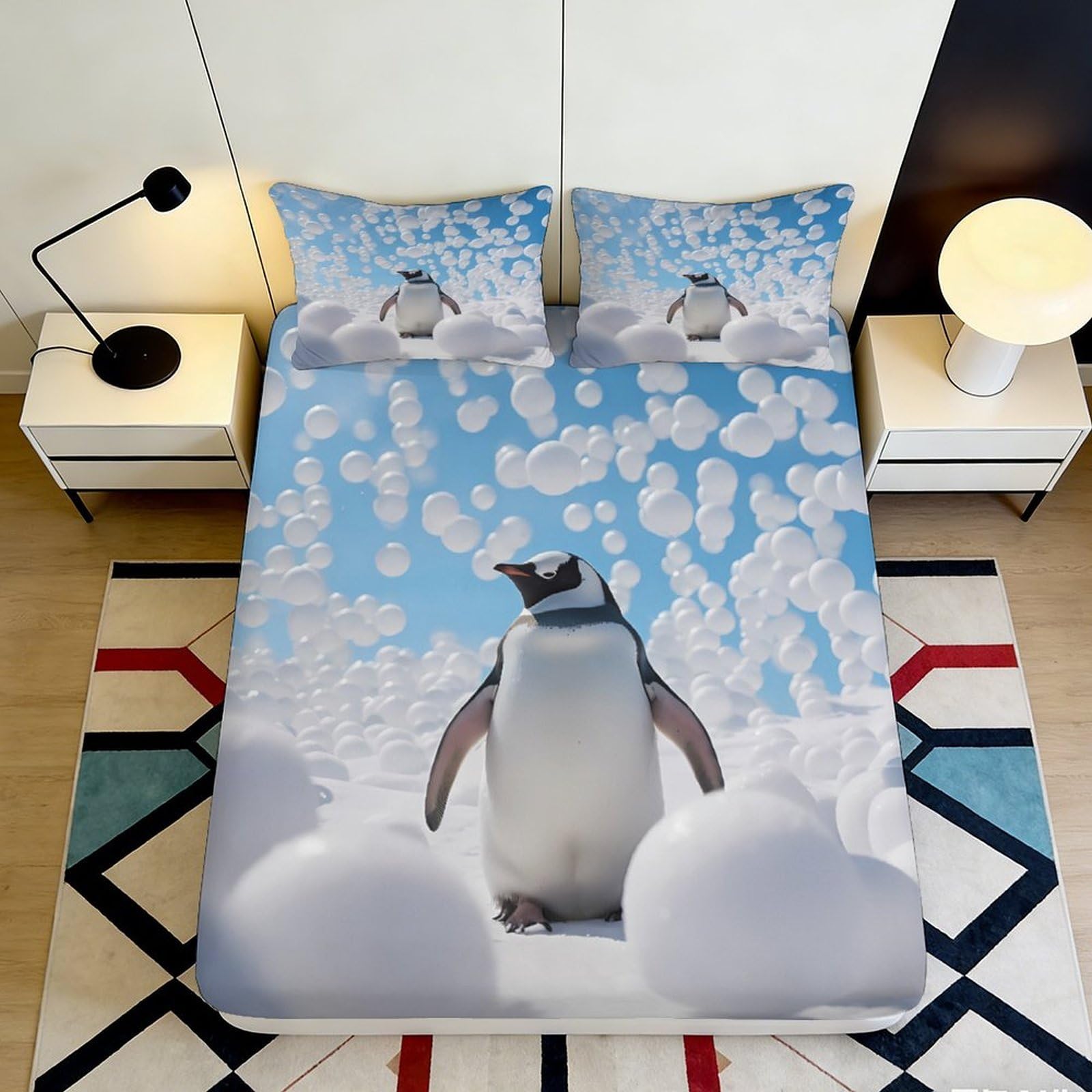 3D Printed Penguin Pattern Fitted Sheet Microfiber Soft Breathable Snowball Bed Cover for Bedroom Dormitory Guest Room Mattress Protection 90x200x25cm