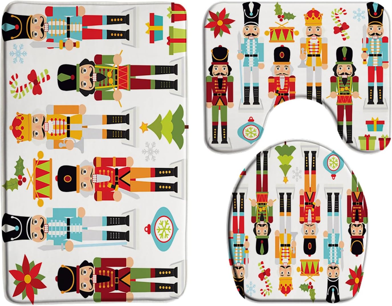 3 Piece Merry Christmas Bath Mat Set The Nutcracker Xmas Tree Poinsettia Colorful Cute Cartoon Winter Holiday Bathroom Rug Sets,24"x60"Bath Mat,Toilet Seat Cover,U-Shaped Toilet Mat