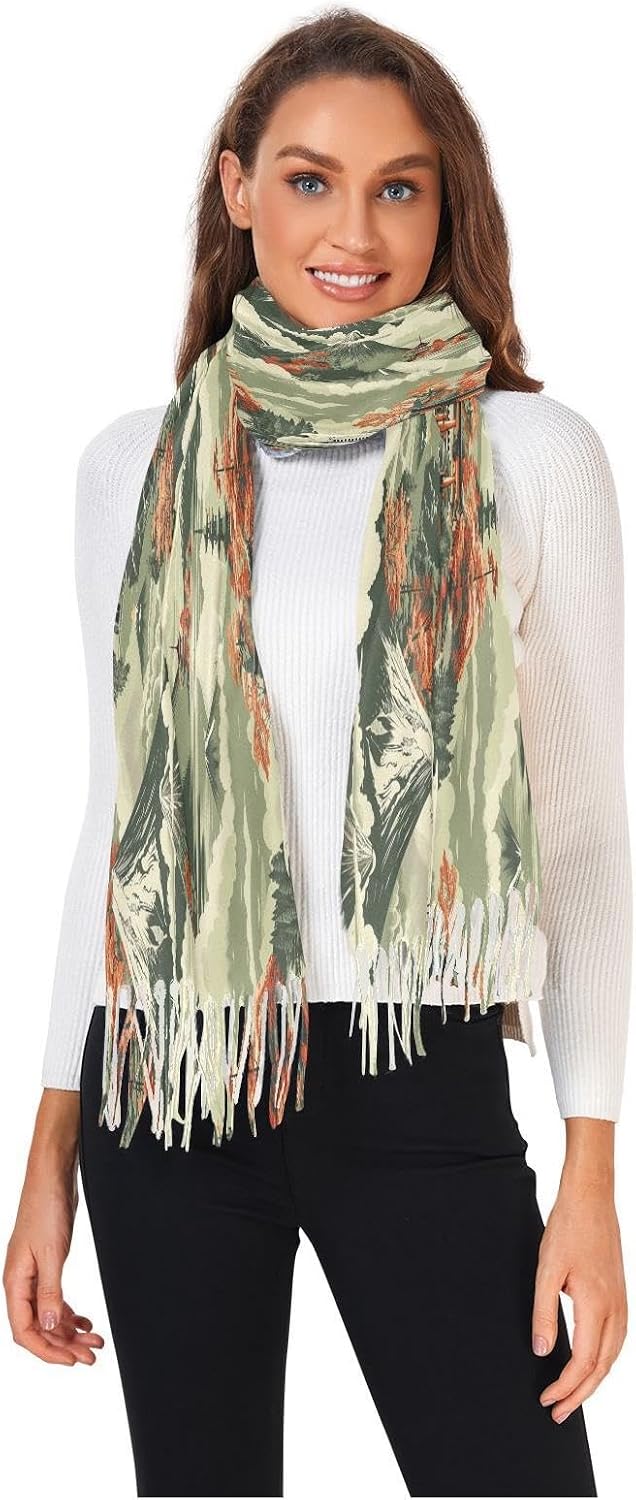Winter Scarf for Women Vintage Snow Mountain Railway Fashion Tassel Shawl Wraps for Women, Cold Weather Warm Womens Scarves Soft Long Scarf Gifts