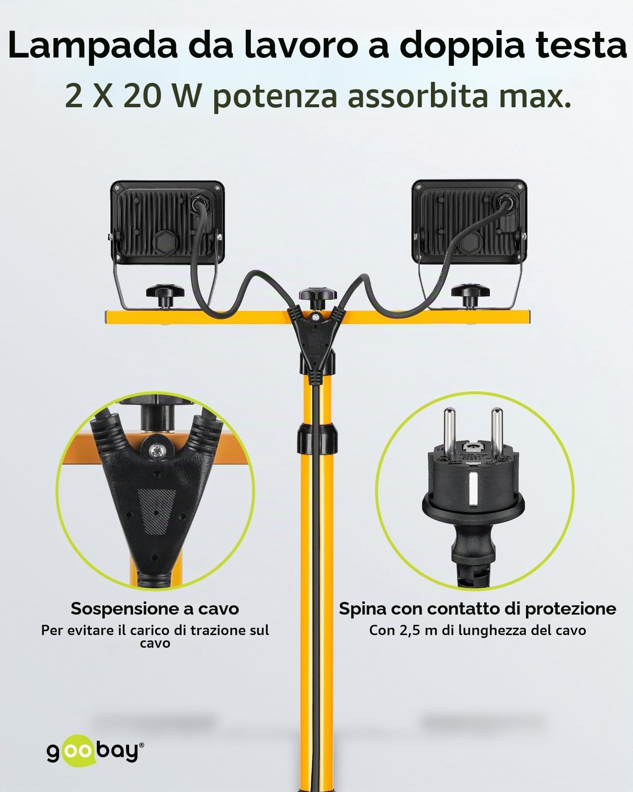 Goobay 57845 Faretto da costruzione a LED su stativo telescopico 2 x 20W / 3400lm / Luce bianca neutra - 4000K / Per uso interno ed esterno - IP65 / Nero/Giallo