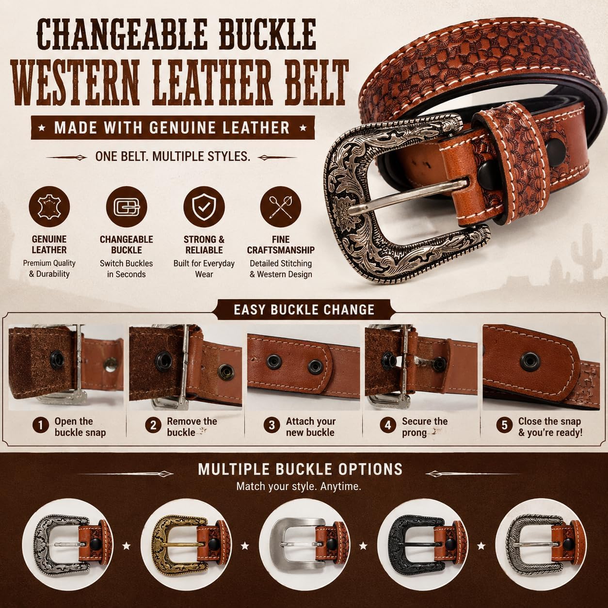 Western Leather Belt for Men with Changeable Buckle Handmade Tooled Cowboy Belt with Big Buckle For Jeans (Tan)