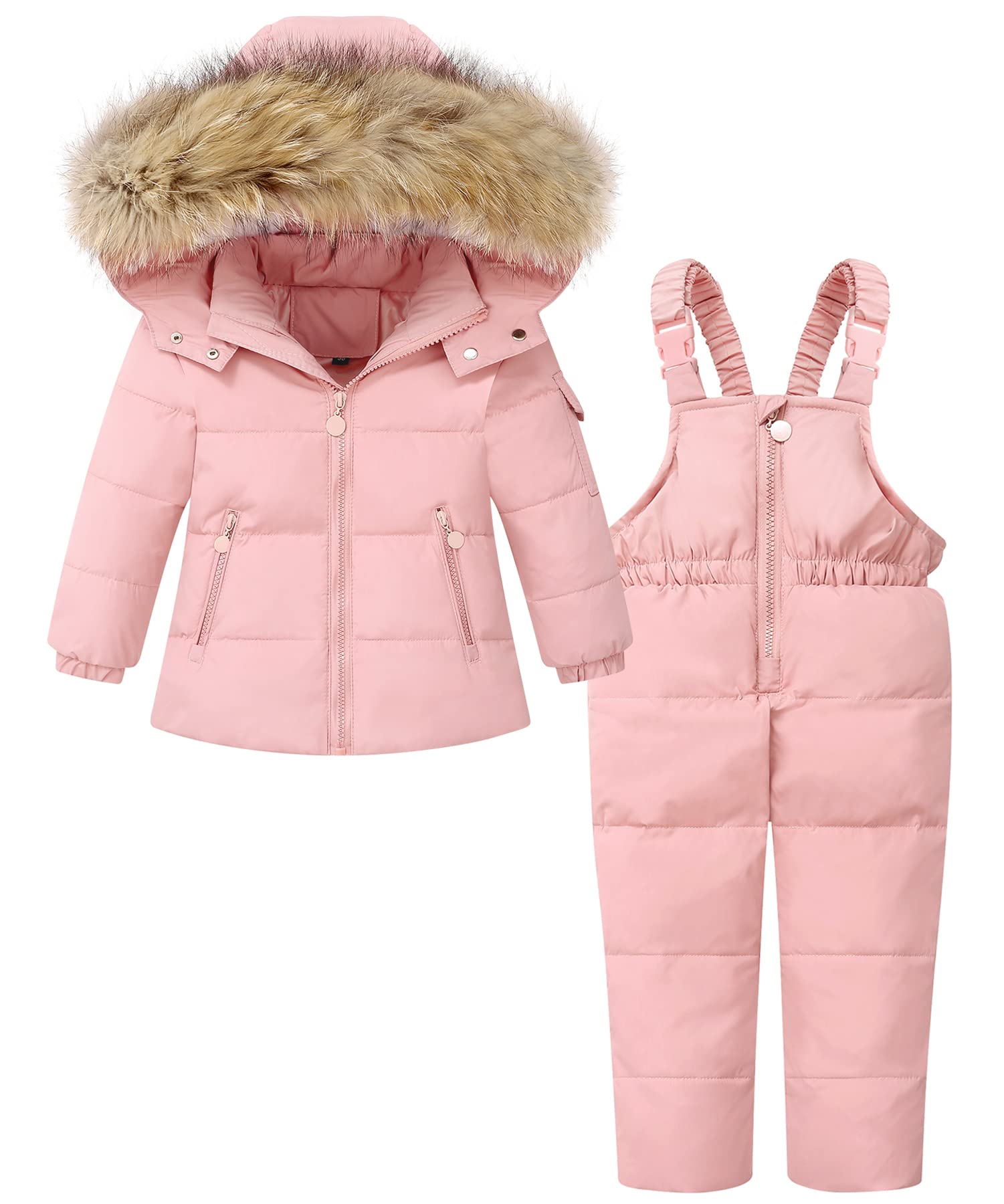 Baby Girl Snowsuit Down Jacket Toddler Girls' Windproof Snow Wear,Kids Coat Hooded With Warm Snowbib Pants Skiing Set
