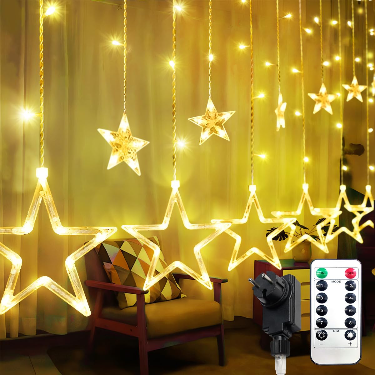 ARKOCHIC Guirnaldas Luminosas Estrellas, 12 Estrellas Luces Cortina Navidad 138 LED Luces de Navidad, 8 modos Interior y Exterior Decoracion Navidad para Ventana, Balcón, Pared, Boda, Fiesta