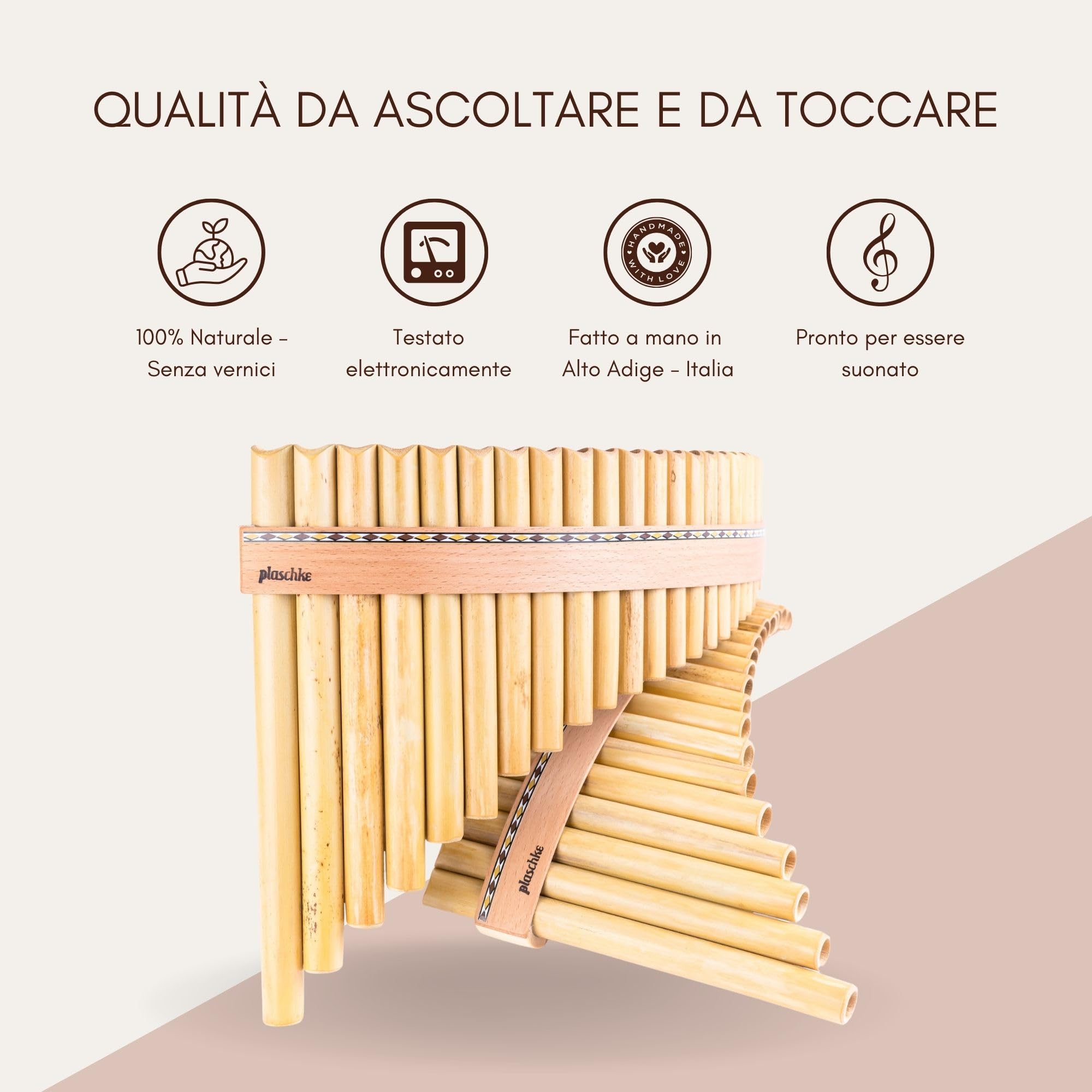Plaschke Flauto di Pan 12 Note in Do Maggiore - Set per Iniziare con Manuale - Qualità Artigianale Altoatesina - Canna Naturale