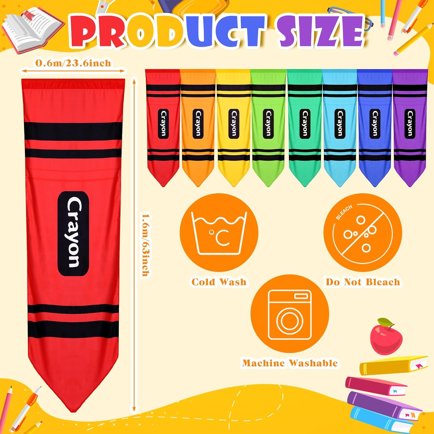SmoothNovelty 8 Pcs Rainbow Crayon Window Curtains Back to School Colorful Sheer Window Decor for Preschool Kindergarten Classroom School Playroom Learning Spaces, 23.6 x 63 Inches