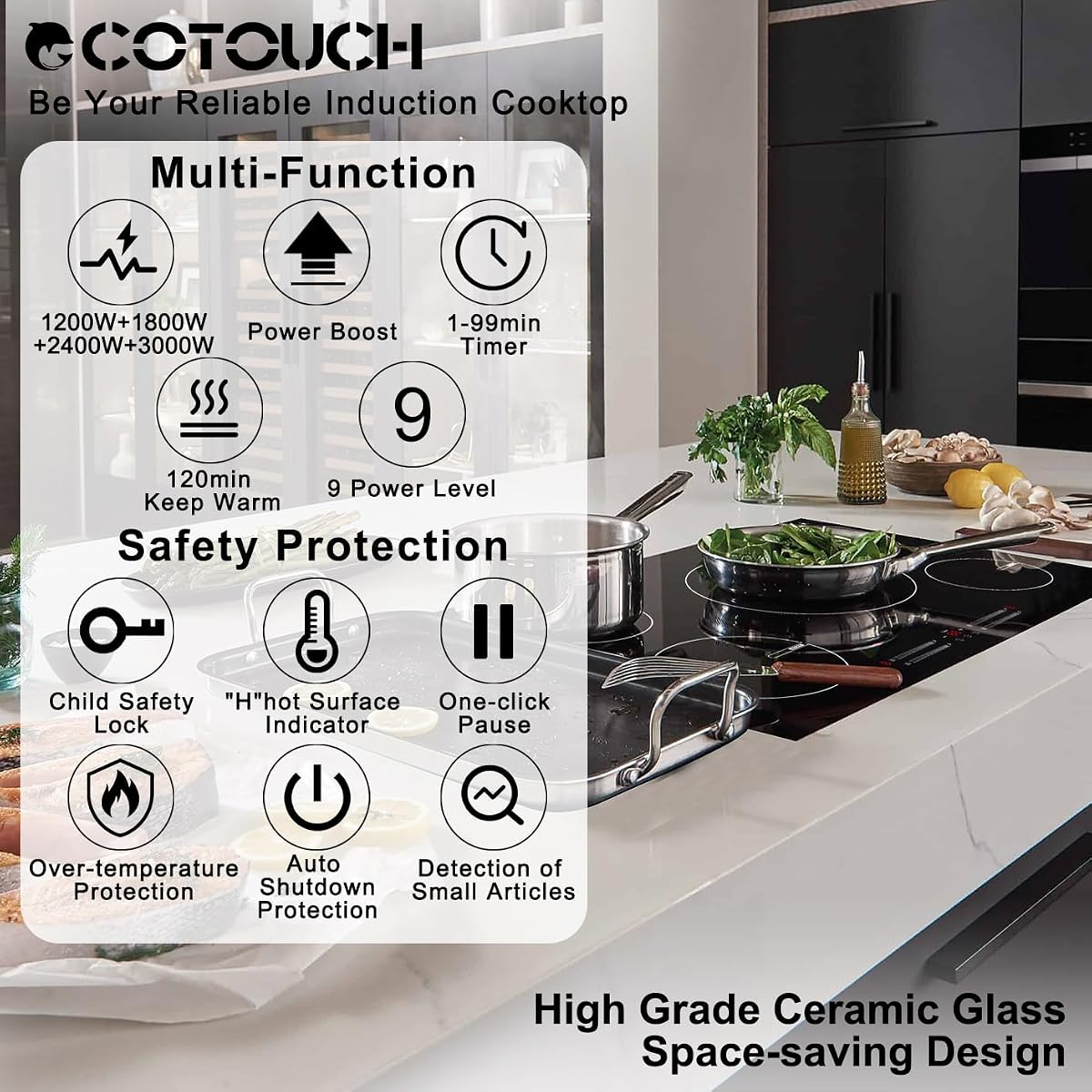 ECOTOUCH 4 Burner Induction Cooktop 30 inch with Booster,220-240v 7200W Built-in Glass Ceramic Electric Induction Burner,True High Power,Drop in Hot Plate 30" Induction Cooktop Hard Wire(No Plug) image 1