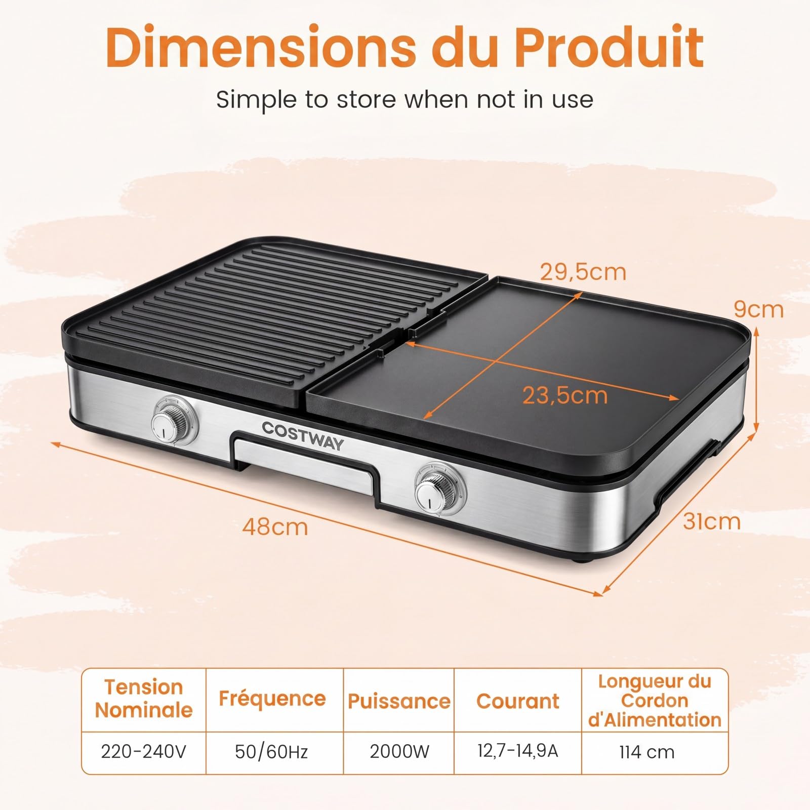 COSTWAY 3 en 1 Plancha Électrique 2000W, Double Zone, Plancha Grills avec 2 Plaques Réversibles, Protection Contre les Éclaboussures, Bac à Graisse Amovible, pour Intérieur et Extérieur