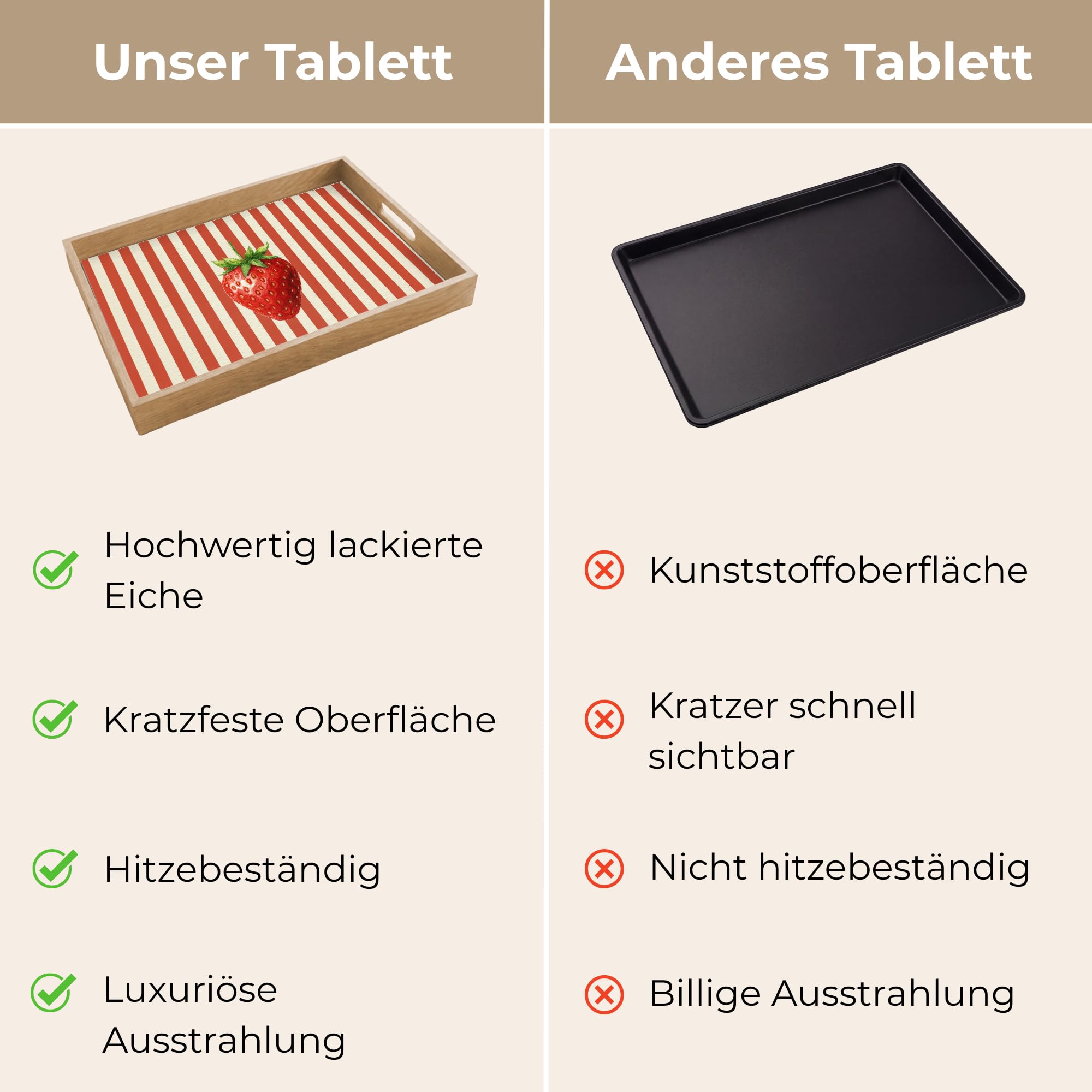 Holztablett Rechteckig 50x35 cm Küchentablett Servier Tablett Eiche Serviertablett Holz Servierplatte Mit Henkel Tray Kaffeetablett Erdbeere - Streifen - Rot