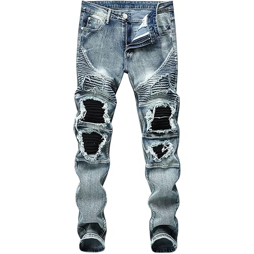 Men's Slim Fit Skinny Stretch Ripped Jeans,Distressed Straight Leg Fashion High Flex Waist Trousers