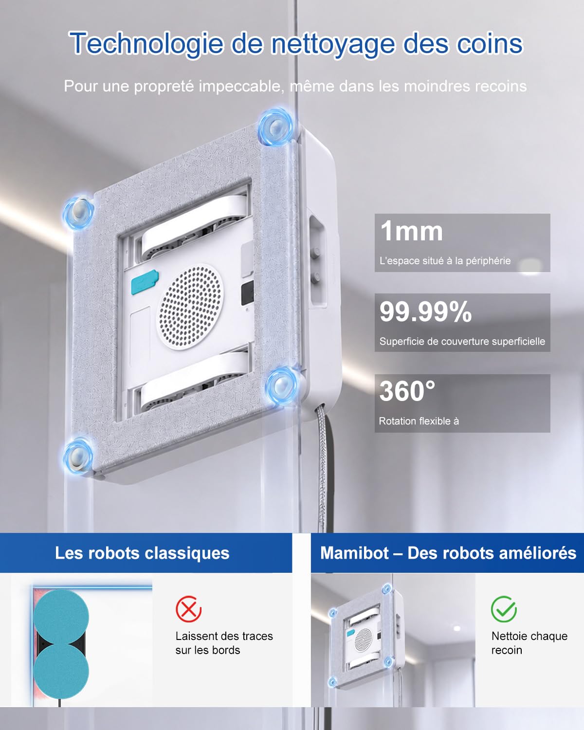 Mamibot W120-DP Robot Nettoyeur Vitre, fonction pulvérisation, planification intelligente du trajet, jet d'eau double croix, télécommande et application pour le nettoyage des vitres, blanc/bleu