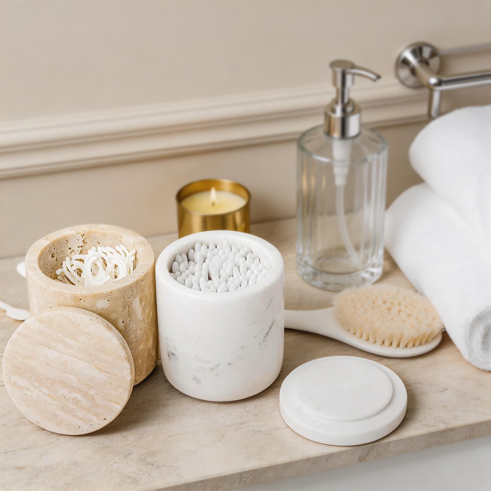 Contenitore in marmo naturale per batuffolo di cotone con coperchio, grande capacità, per batuffolo di cotone, per trucchi, sali da bagno, bianco