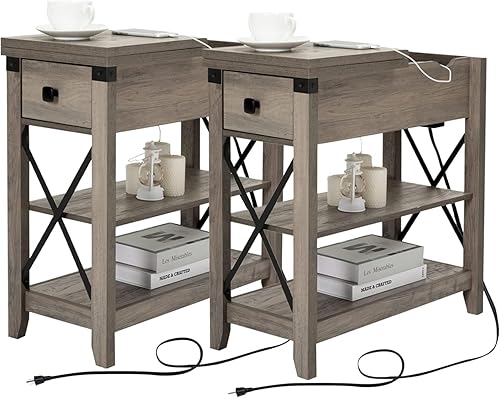 Miniatura 42 de Mesa auxiliar estrecha con estación de carga, mesa auxiliar delgada de granja, con puertos USB, mesa de noche con cajón de almacenamiento abatible,