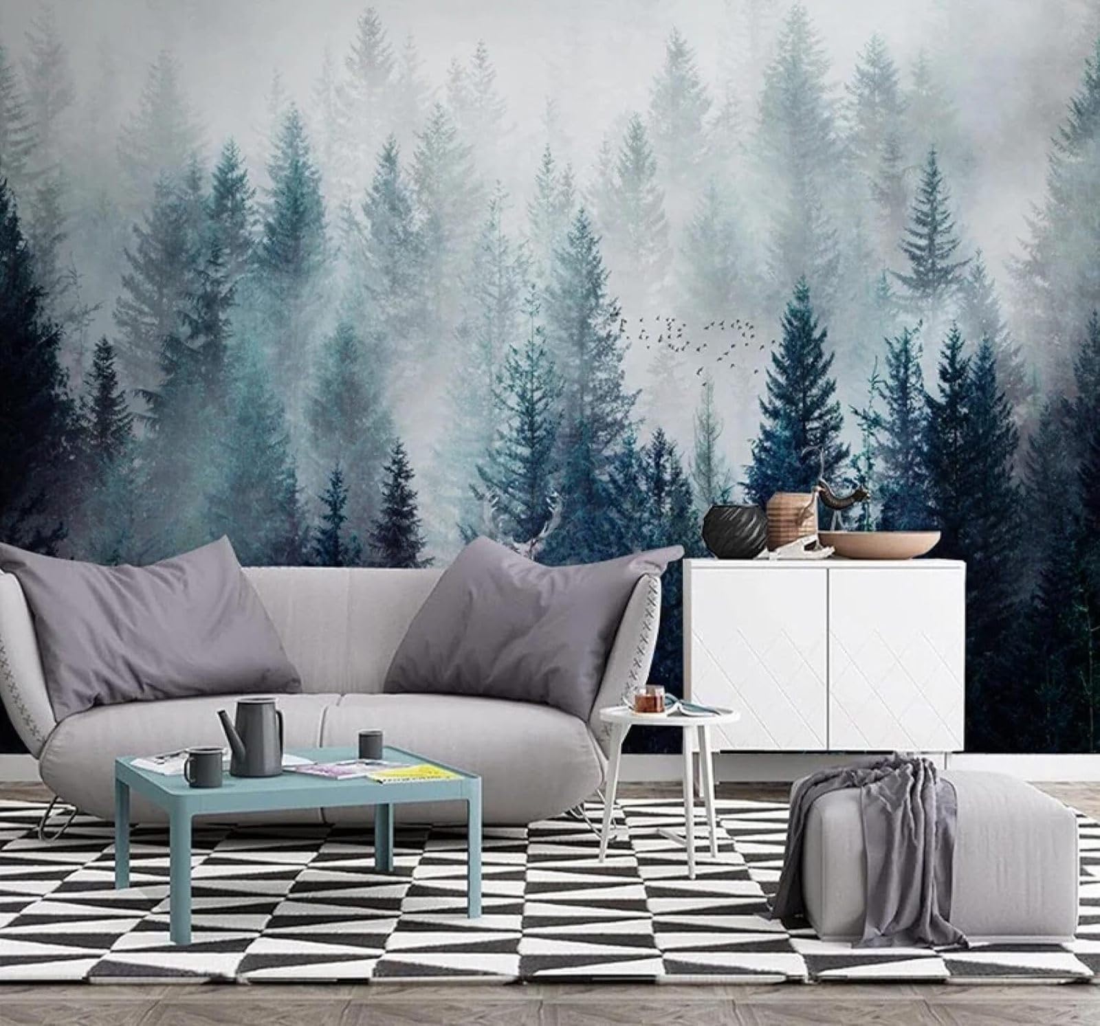 XLMING Fresh Hand Drawn Pine Forest White Mist Reindeer 3D Wallpaper Luxury Home Dining Decor Paste Sofa Living Room The Wall for Bedroom Mural-400cm×280cm