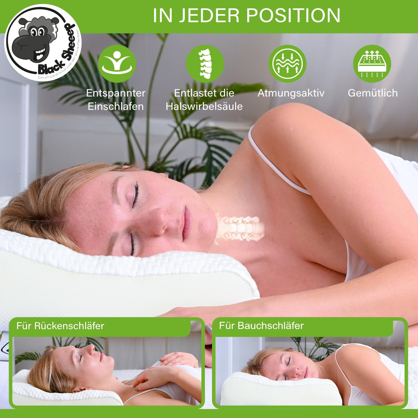 Black Sheeep Orthopädisches Nackenstützkissen mit Memory Foam Made in Germany ergonomisches Kopfkissen inkl. Eukalyptus Kissenbezug für Allergiker und Seitenschläfer
