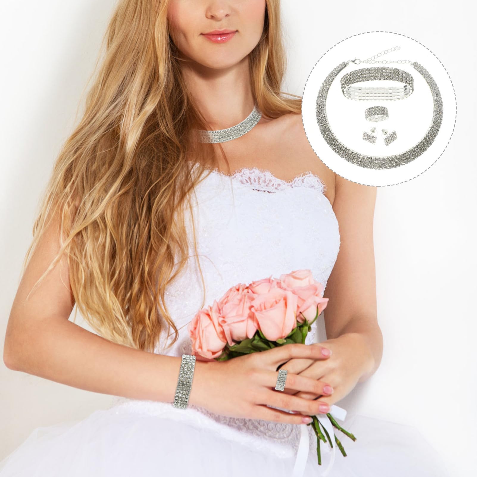 LIFKOME Novia Pendientes collares para mujer bolsas Collar plateado anillo collar de diamantes de imitación para mujer de joyería de san valentín aleación Silver