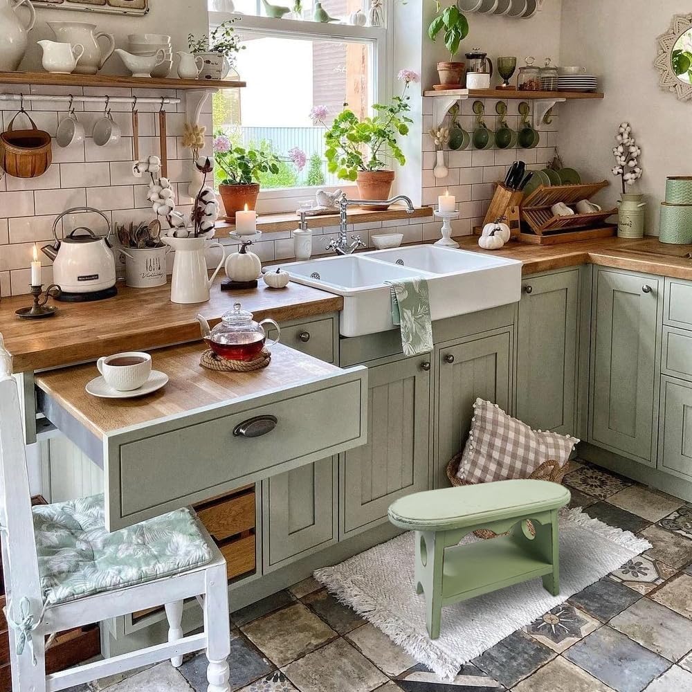 TentHome Panca in Legno Vintage, Poggiapiedi Rustico per Bambini, Sgabello Shabby per Fiori per Piante, Sgabello Ovale Per Bambini, Perfetto per Cameretta, Giardino e Cucina (Verde)