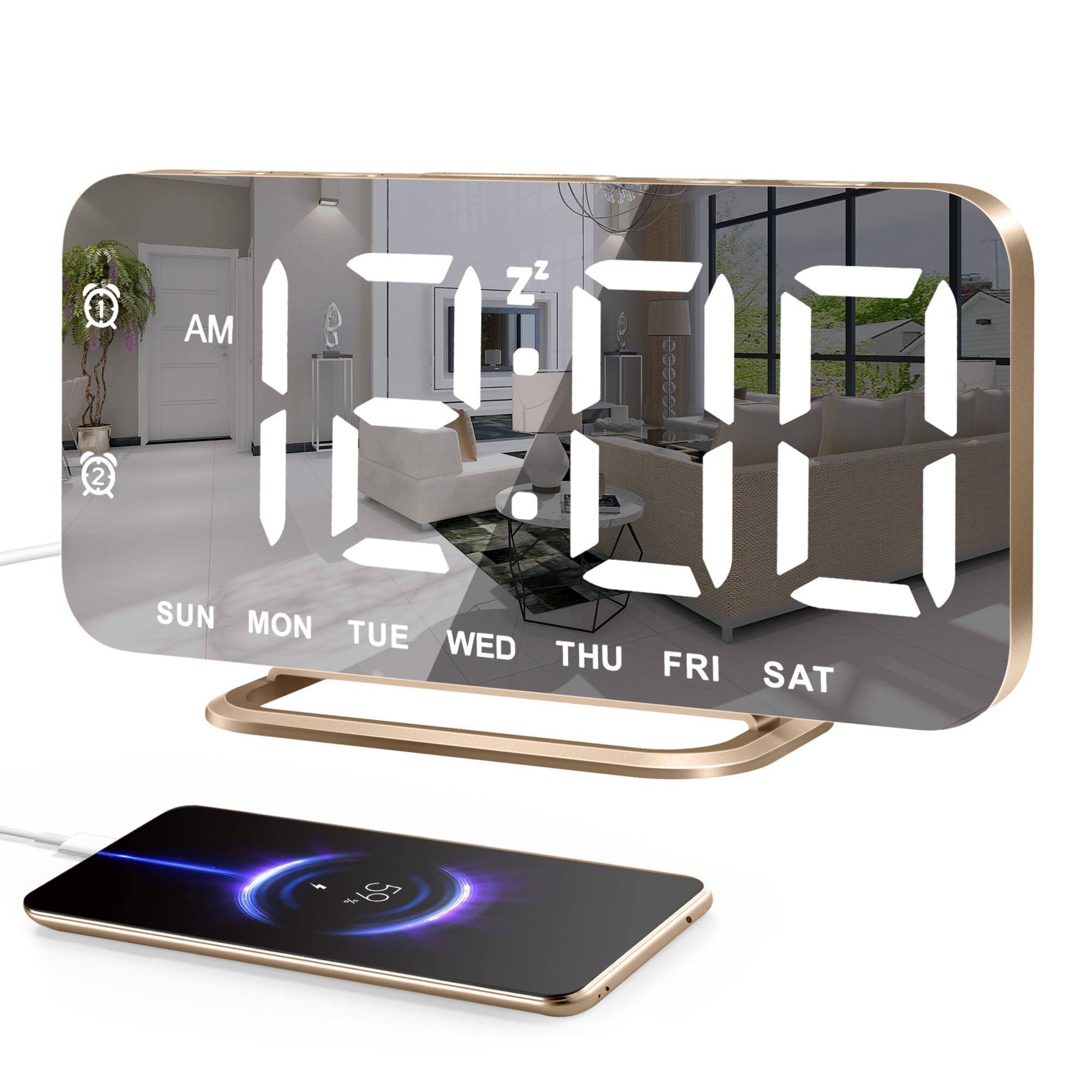 JALL Despertador digital LED delgado con superficie de espejo con función de atenuación, pantalla grande, fácil ajuste y puertos de carga USB