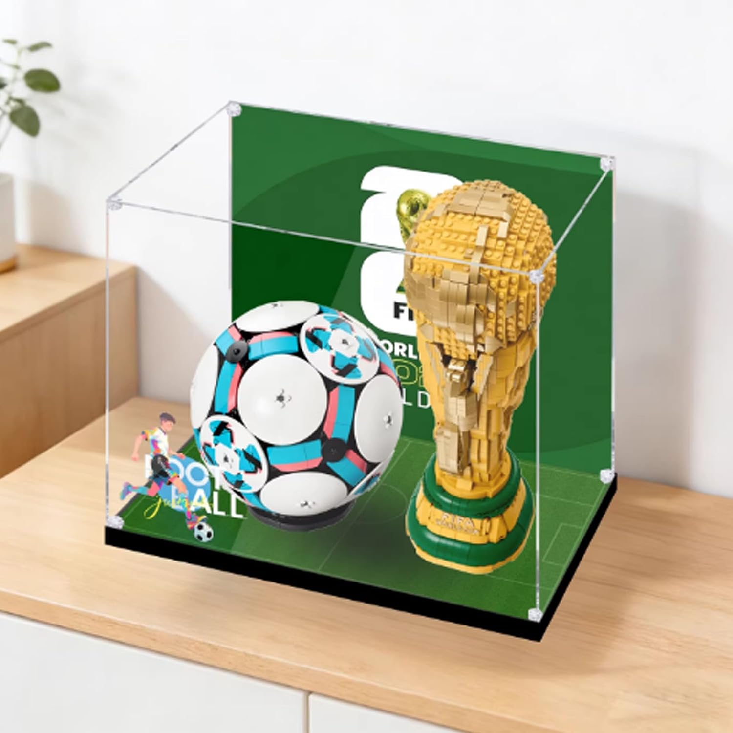 Dustproof Clear Acrylic Display Case,Designed for Lego 43019+43020 FIFA World Cup Model Collection Protection Acrylic Dustproof Display Box (Model Kit Not Included) (Black Base+Back spray3mm-C)