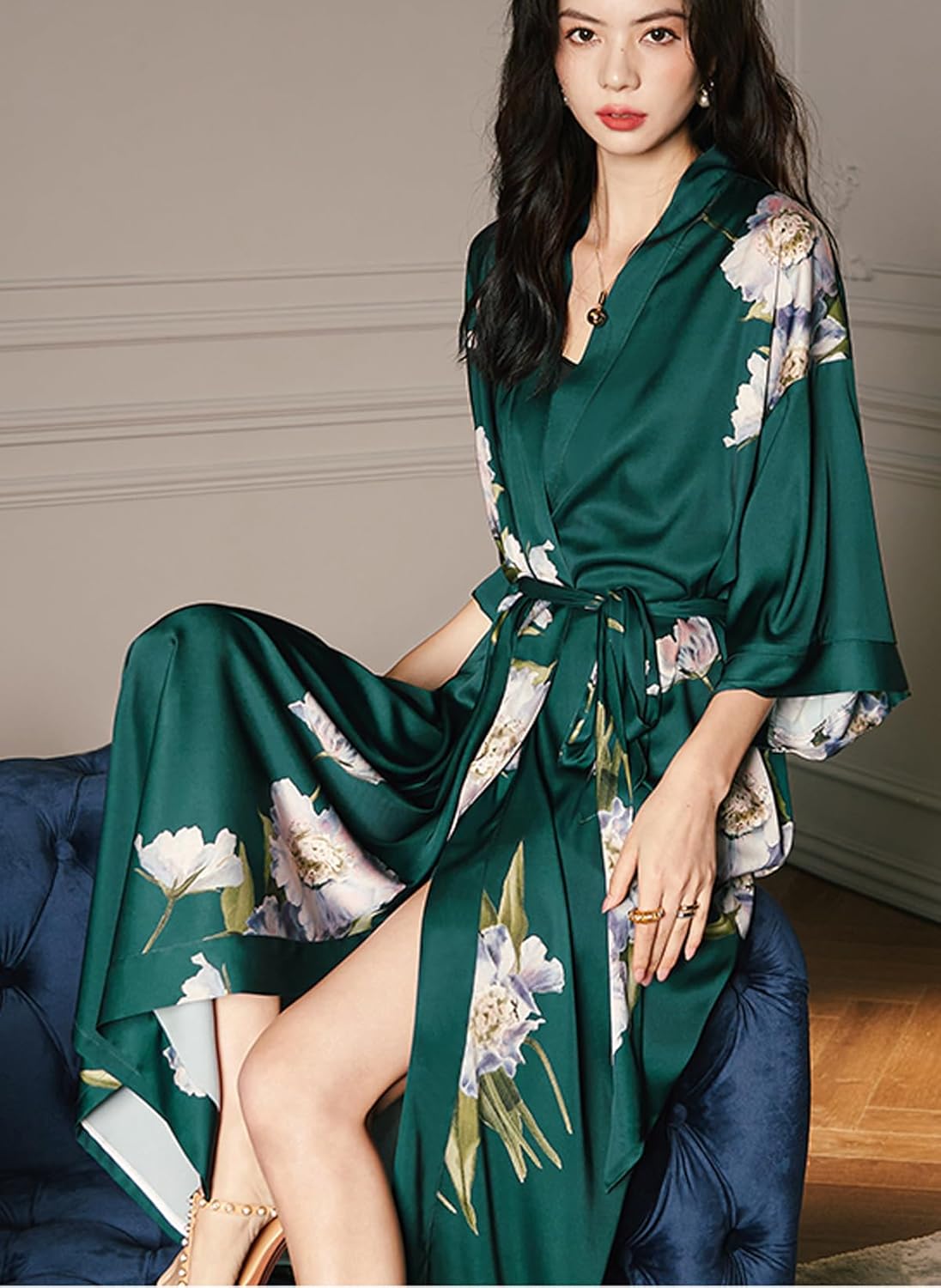 Silk Satin Robe for Women Long Japanese Kimono Robe Lightweight Soft Bathrobe Floral Luxury Dressing Gown - Image 4