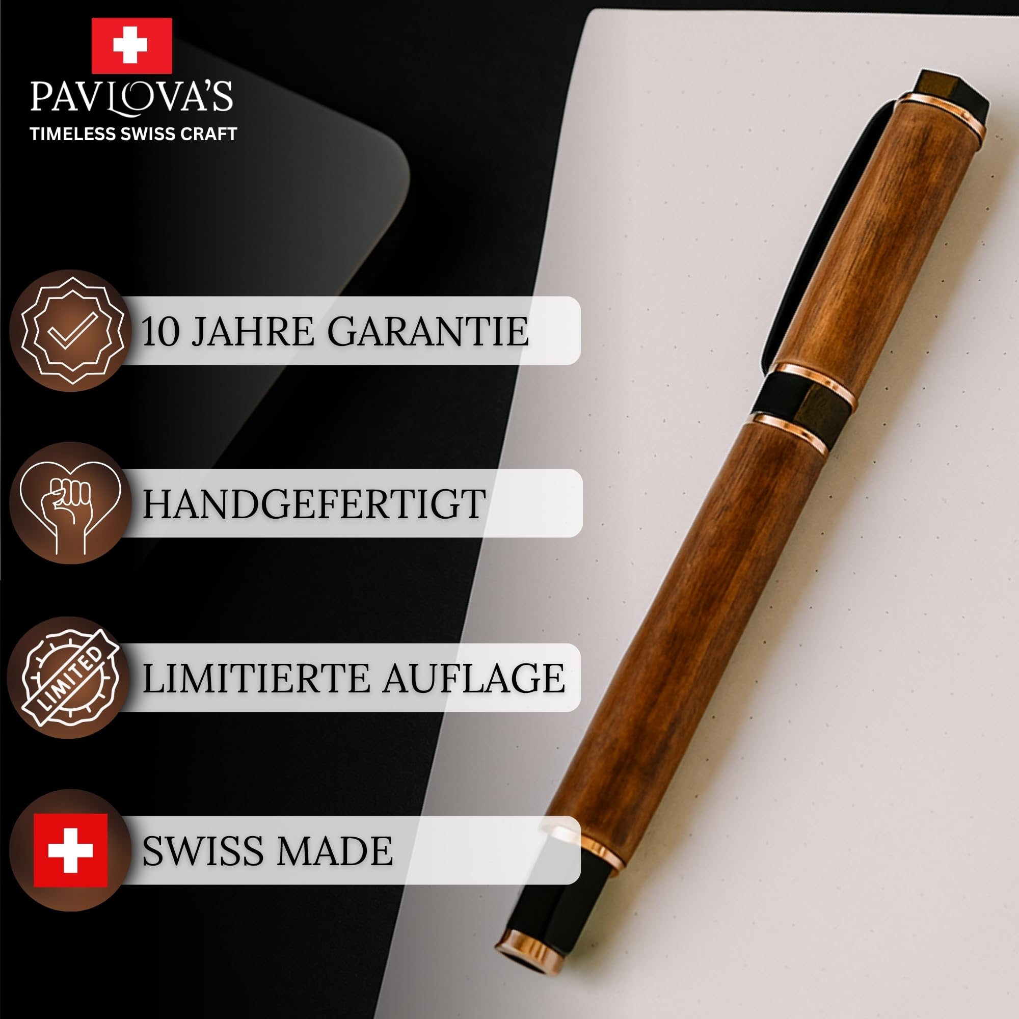PAVLOVA’S Exklusiver Tintenroller aus Natürlichem Schweizer Nussbaum – Handgefertigt, Limitierte Auflage, Einzigartiges Design, Ideales Luxusgeschenk, Premiumqualität aus der Schweiz