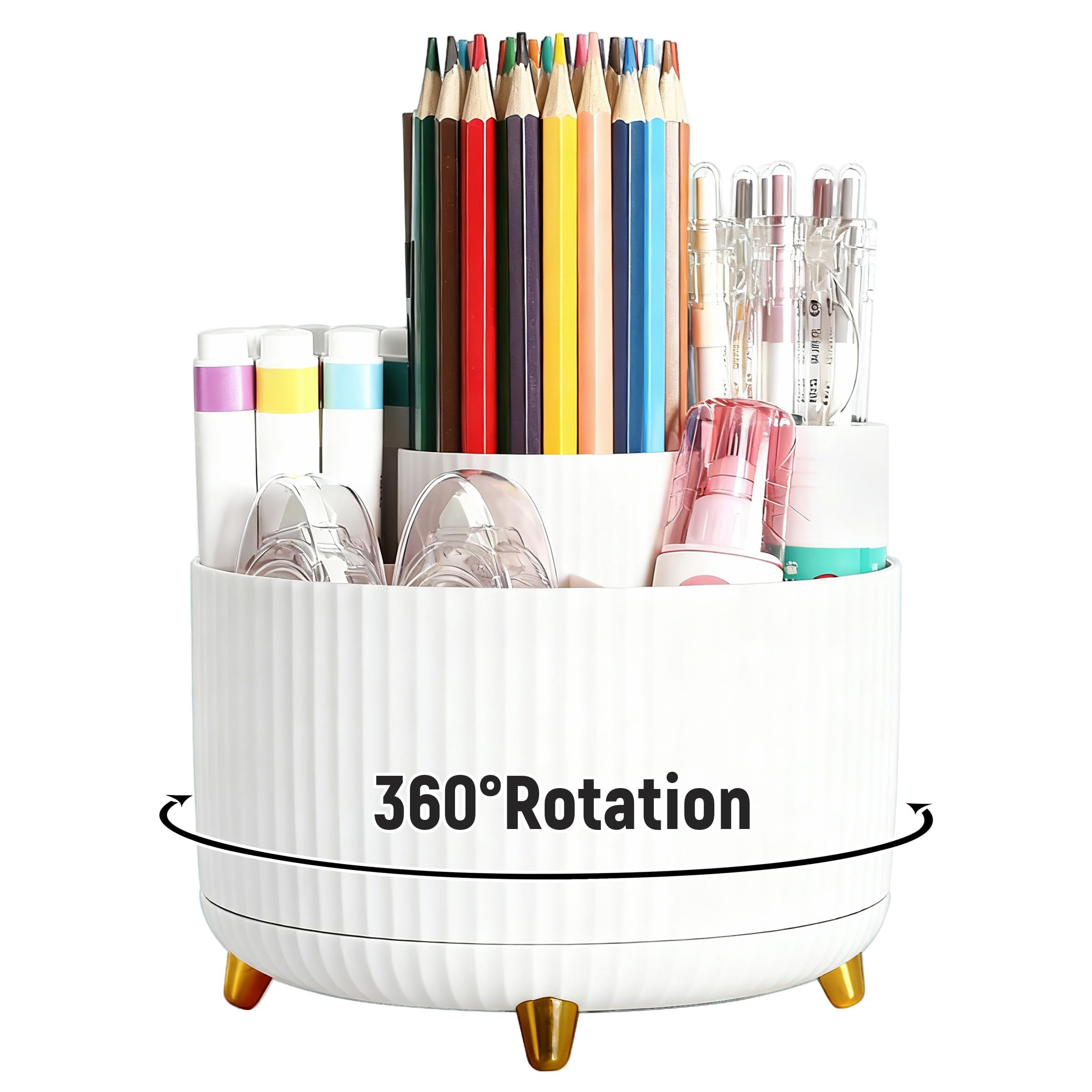 ZHABAYEN Desk Organiser, 360-Degree Rotating Pen Holder, Pencil Holder for Desk, Pen Pencil Holder Desk Organiser, Makeup Brush Holder Organiser, Pen Pot for Desk Tidy Home, School, Office (White)