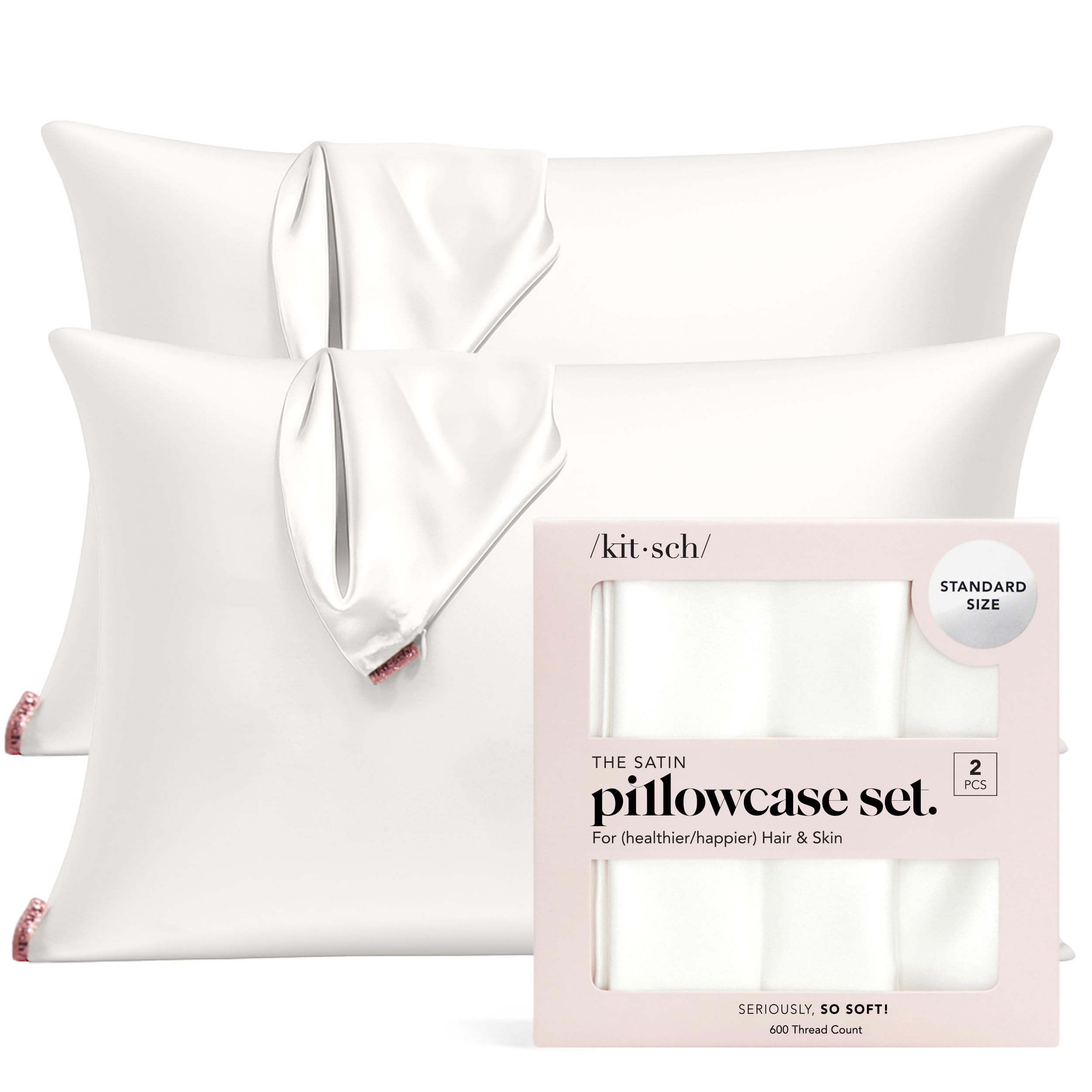 Kitsch Satin Pillowcase with Zipper for Hair & Skin, Softer Than Silk Pillow Cases Queen Size Set of 2, Wrinkle-Free, Smooth and Cooling Satin Pillow Covers, Standard Size 19"x26" - Ivory, 2pcs