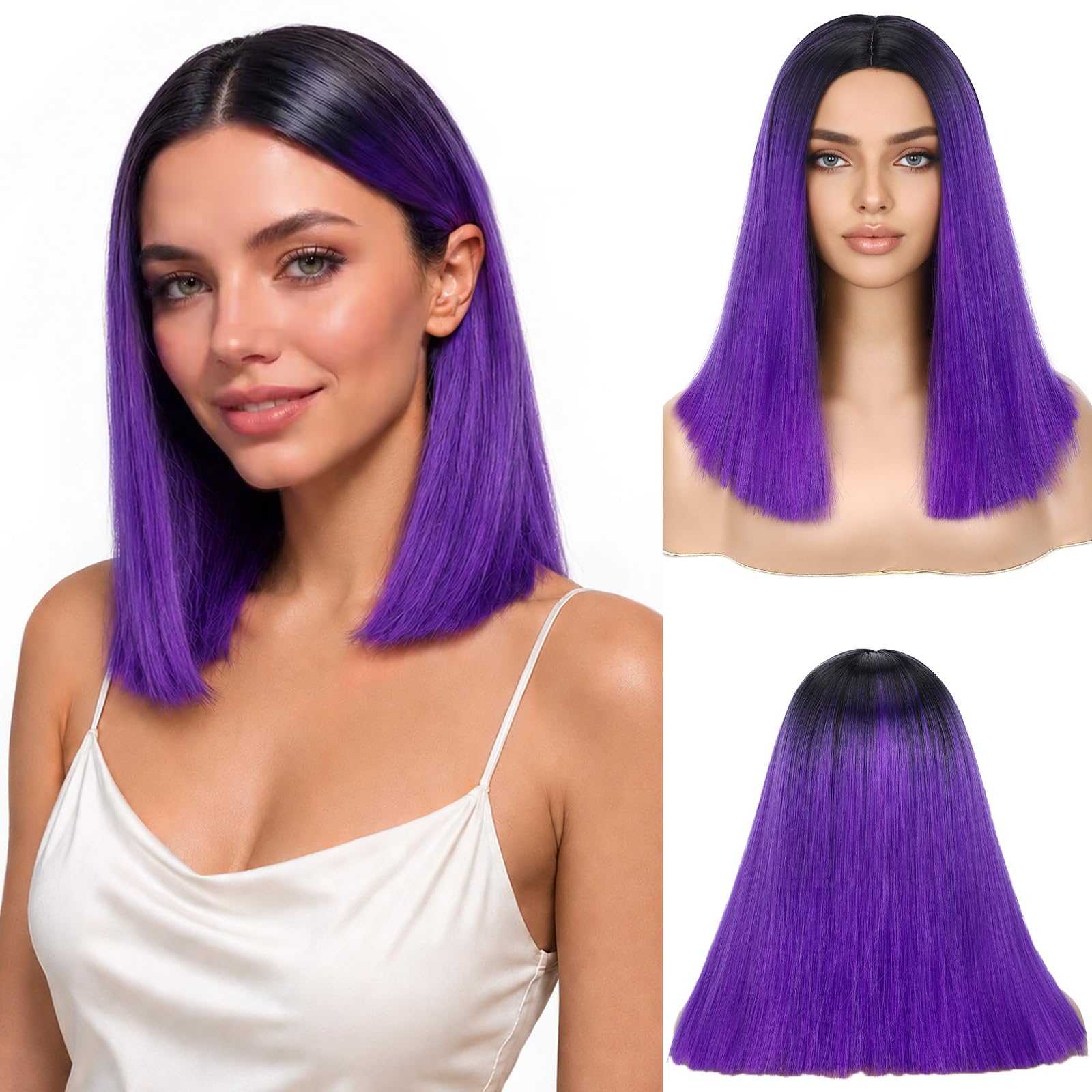 HANNE Short Bob Wigs Short Straight Hair Bob Wigs (Ombre Purple)