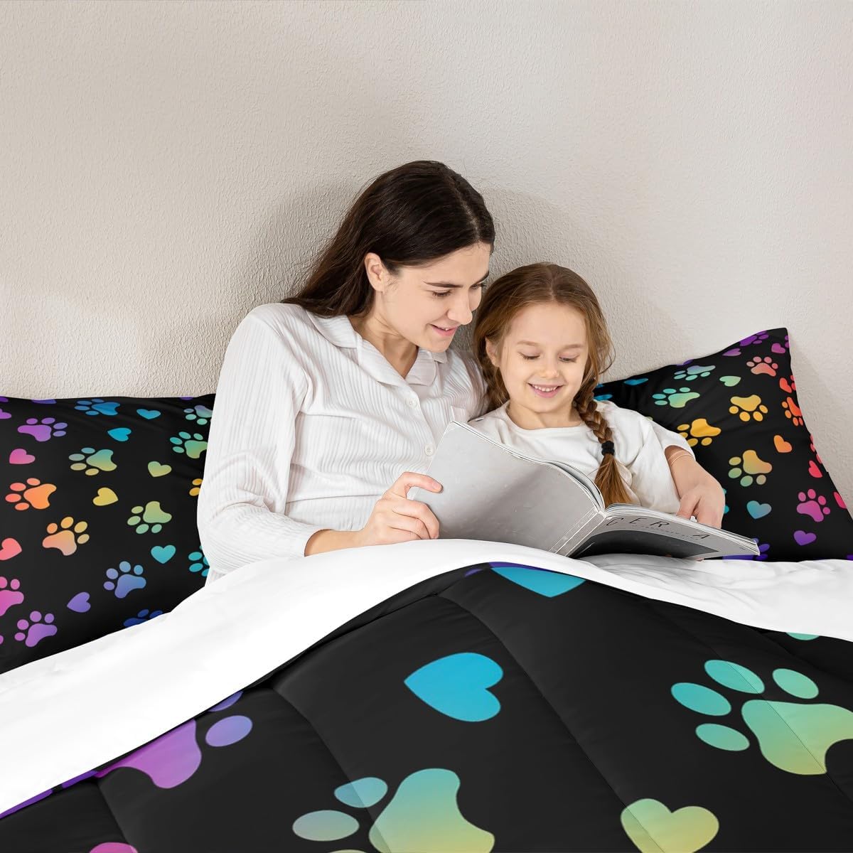 Manfei Dog Paw Print Kids Comforter Set Full Size,Animal Pet Neon Bedding Set,Girls Boys Adults Home Bedroom Decor,Puppy Kawaii Cartoon Down Comforter,Colorful Rainbow Duvet Insert,3pcs,2 Pillowcases