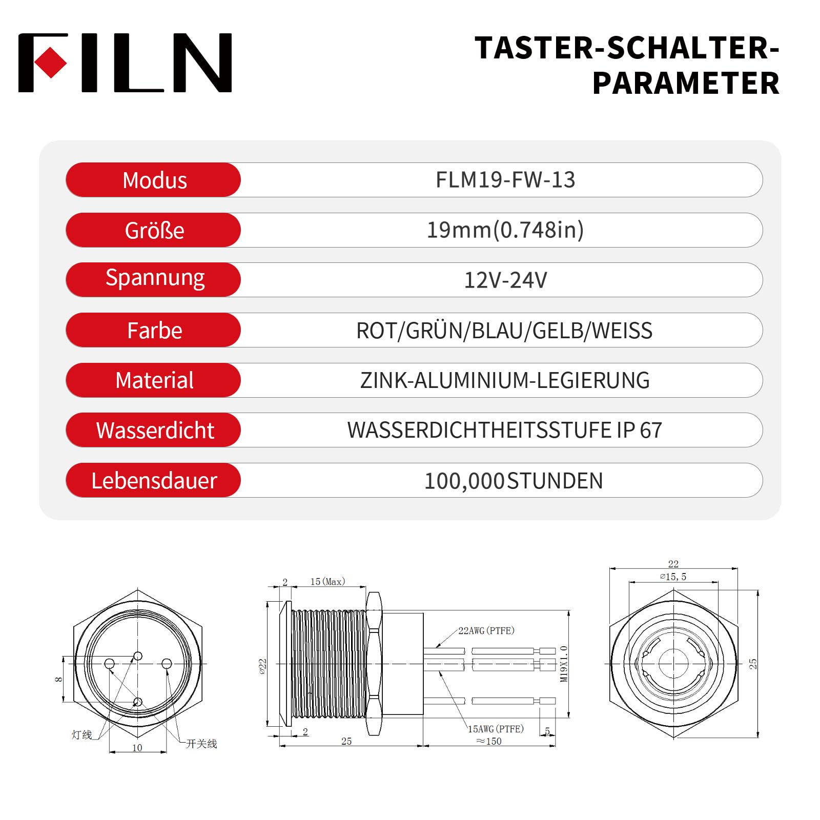 2Stück 19mm LED Schalter vorgegattert mit Kabel，12-24V DC IP67 Ein/Aus Schalter mit 185 Symbolen，für Beleuchtung, Stromversorgung & Industrieanlagen（Rot LED，1CH）