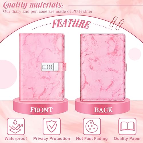 Miniatura 4 de TaoBary Diario de mármol rosa con cerradura, kit de cuaderno de regalo para niñas y mujeres, incluye cuaderno rayado A5 con piedra de cristal rosa,