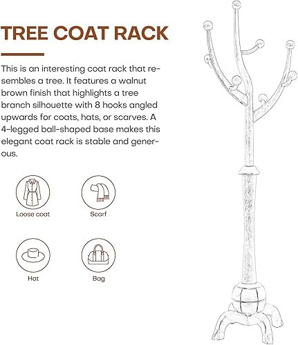 Miniatura 5 de Perchero de madera independiente con 8 ganchos, diseño creativo de rama de árbol, soporte para colgar ropa con base de esfera estable para entrada,