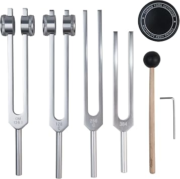 LeSage Tuning Forks for Healing Set -128Hz, 136.1Hz, 256Hz, 384Hz with Mallet, Hex Wrench, Activator, Carrying Pouch & Cleaning Cloth for Chakra Balancing, Meditation, Yoga, Body Therapy