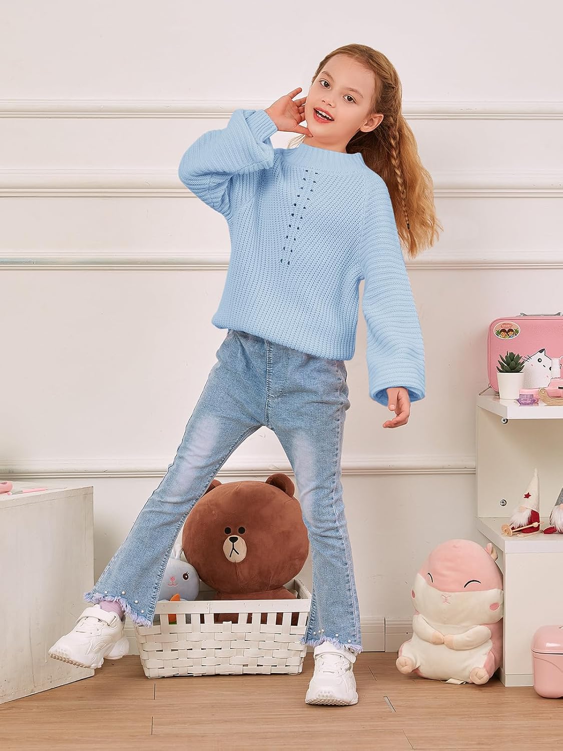 Imily Bela Girls Sweaters Kids Casual Bell Sleeve Knit Pullover Jumper Tops - Image 4