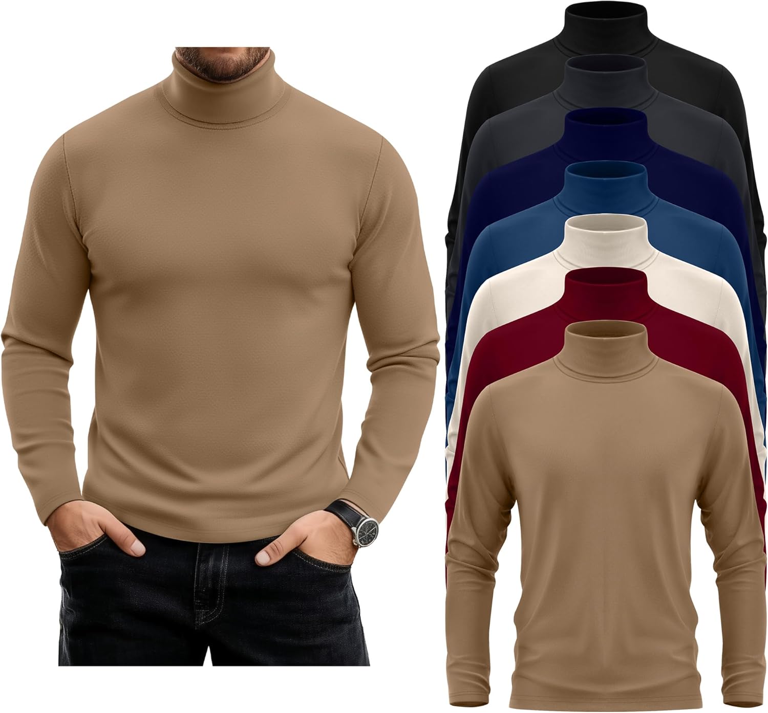 7 Pack Men's Turtleneck Tops, Long Sleeve Basic Pullover Sweaters Casual Slim Fit Lightweight Tees