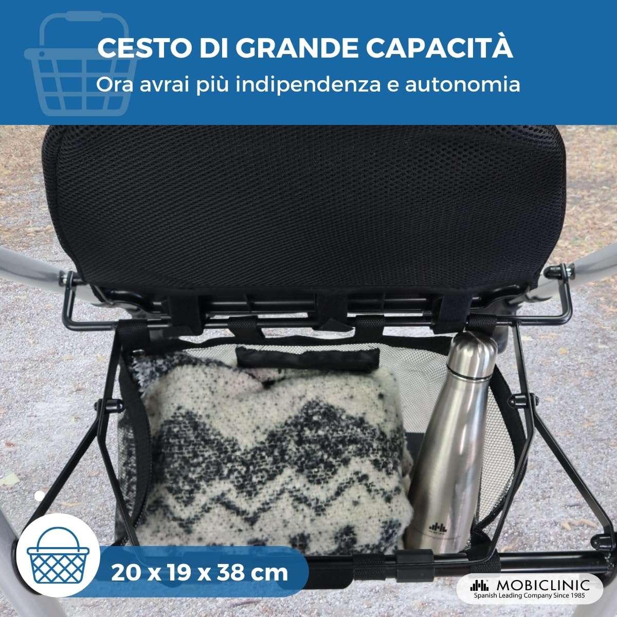 Mobiclinic®, Deambulatore per adulti, Pieghevole, Leggero, Sedile e cestino xxl, Supporto bastoni, Altezza regolabile, In alluminio, Freni a pressione, Dehesa, Ruote piene, Grigio perlato