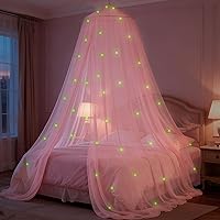 SYHITOU Pink Princess Bed Canopy with Glowing Stars for Girls - Fits Twin Full Queen Beds, Mosquito Net, Reading Nook Tent