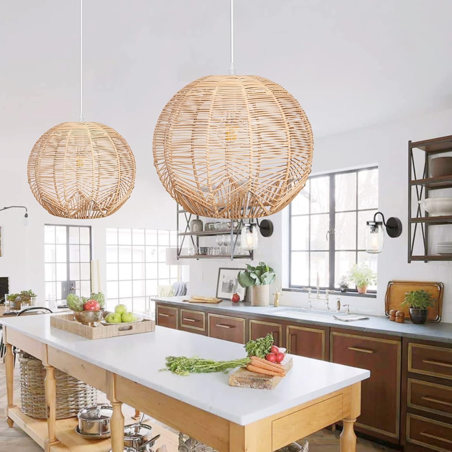 arturesthome rattan pendant light for kitchen island, boho wicker chandelier lighting, handmade woven hanging ceiling light lampshade for living room bedroom 50cm rattan