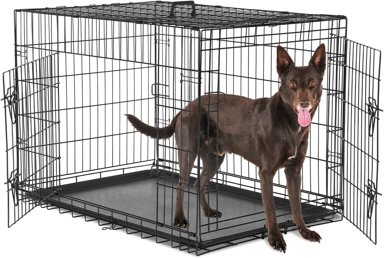 Large Dog Crate, 36 Inch Double Door Folding Metal Wire Dog Cage with Plastic Leak-Proof Pan Tray, Pet Kennel for Indoor, Outdoor, Travel