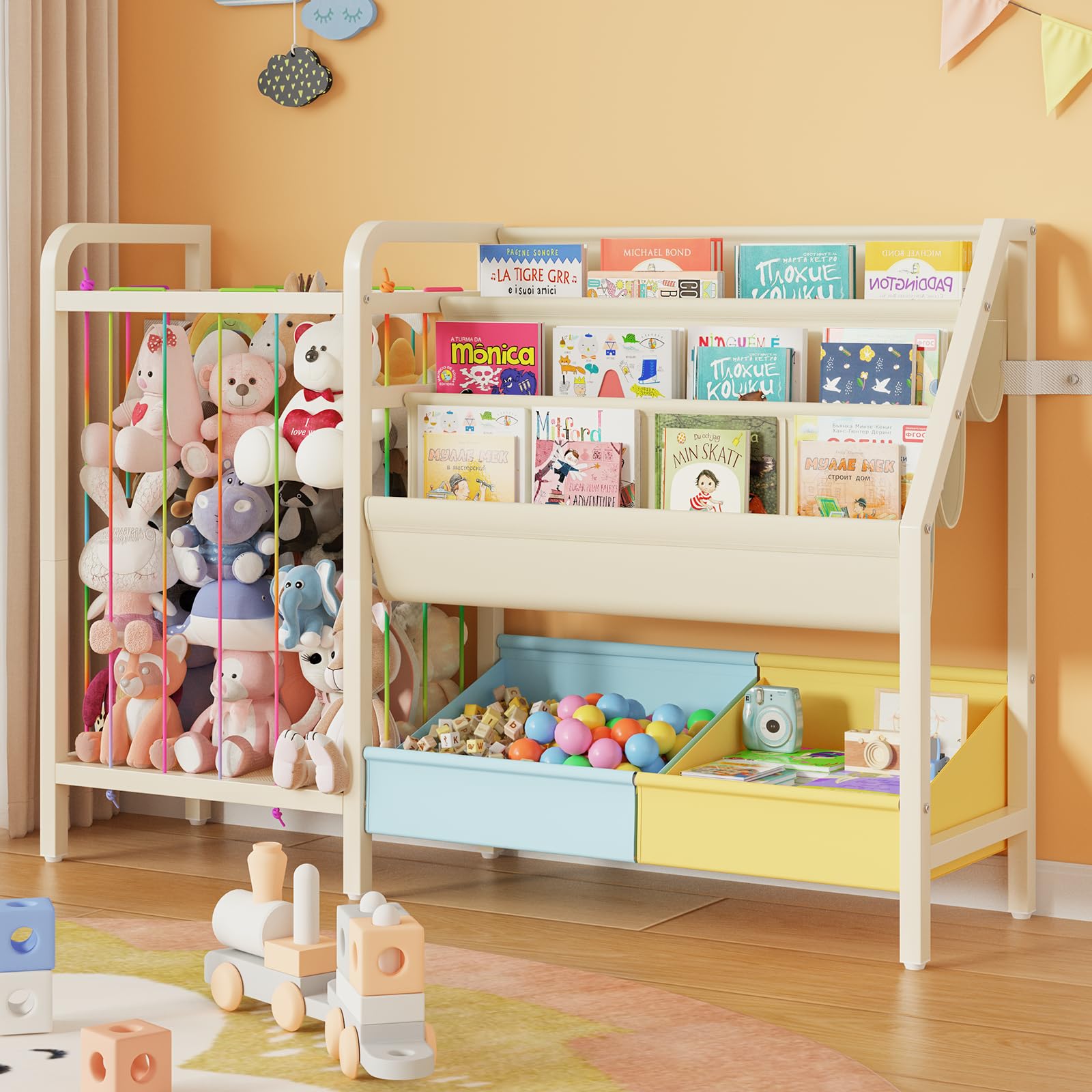 b5 kids bookshelf and toy storage, book shelf for kids rooms, sling toddler book shelves with stuffed animal storage, montessori baby bookcase for nursery, bedroom, playroom, blue and yellow