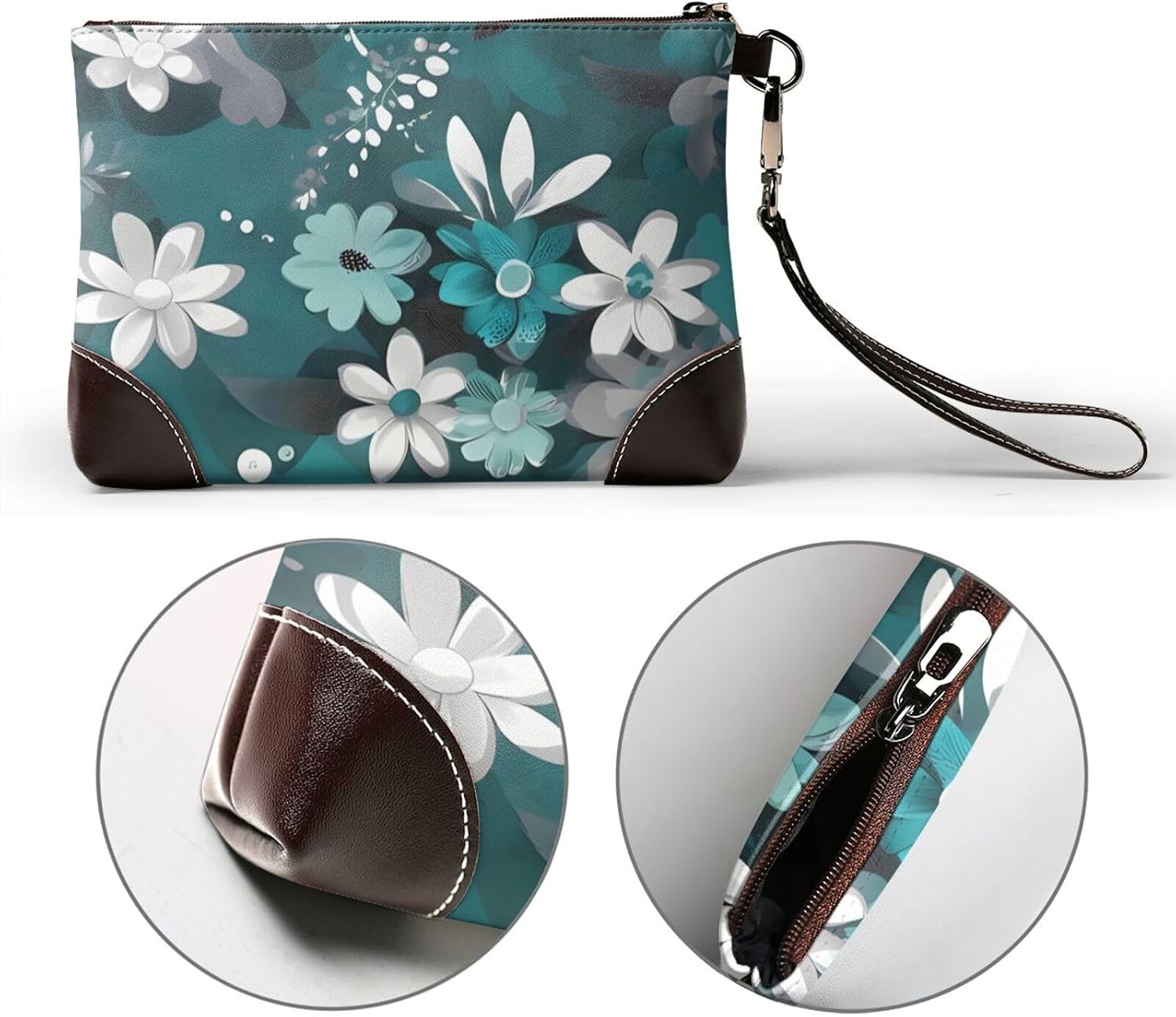 Leather Wristlet Wallet Clutch Purses For Women Ultra-Slim Ladies Handbags Credit Card Holder Teal Grey And White Floral Wallet Purses Cell Phone Pouch Bag For Party And Prom, Beach Bag
