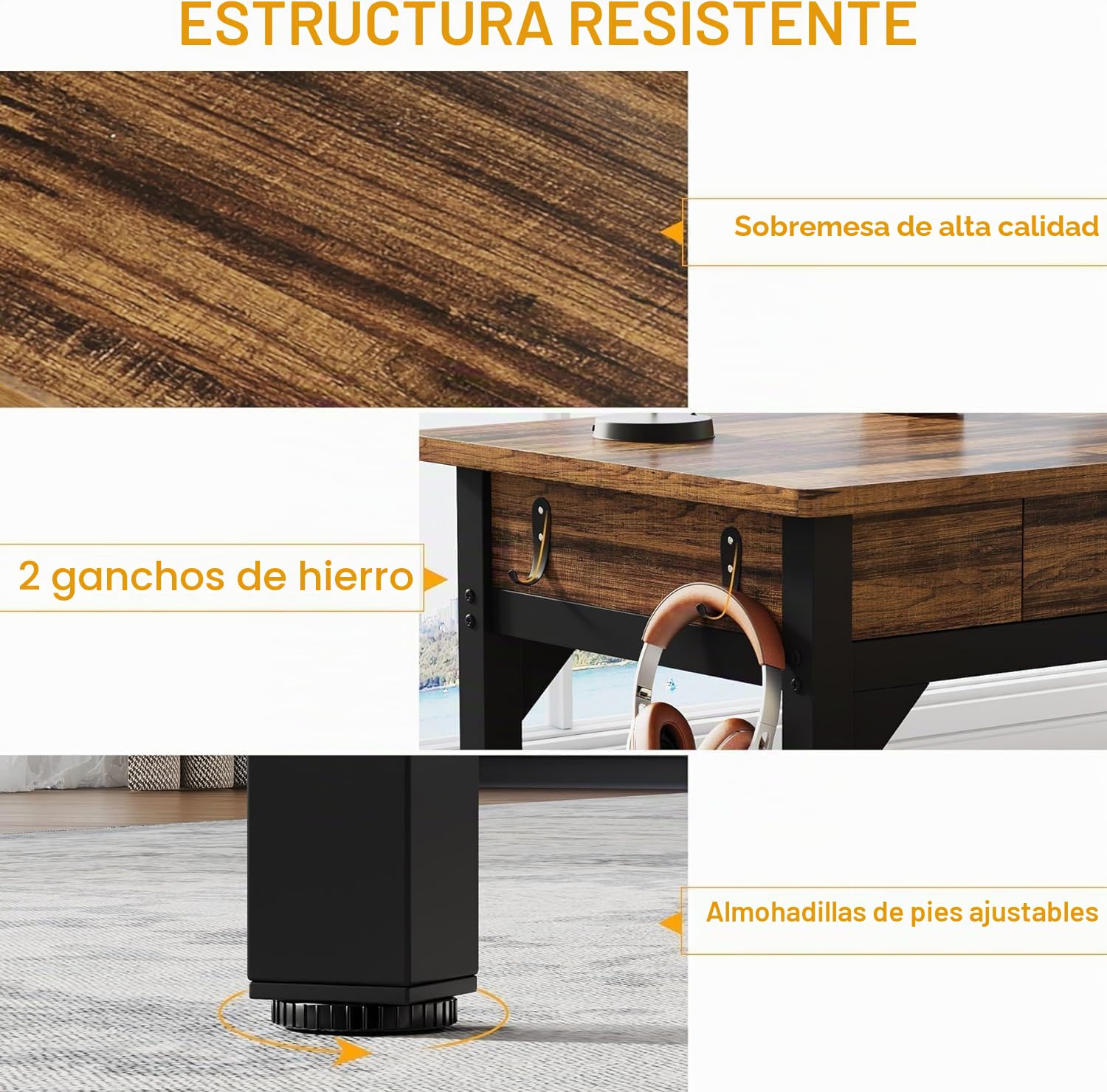 Lailang 200cm Escritorio de Computadora, Mesa Escritorio Grande, Mesa de Oficina despacho, Escritorio con Cajones, Mesa con cajones Madera, Escritorio 2 Metros, 200 x 60 x 82 cm, Marrón Rústico