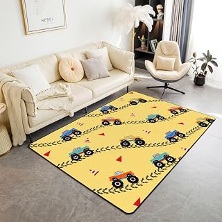 Castle Fairy Off-Road Vehicle Area Rug,Race Car Flag Tire Print Non Slip Carpet for Kids Teens Adults,Extreme Sport Game Rug for Bedroom Playroom Backyard,Yellow Couch Living Room Decor,5x6'6''